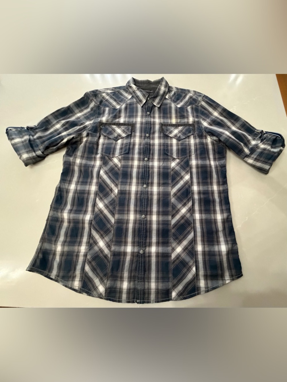 INC International Concepts Navy and White Plaid Button-Front Shirt